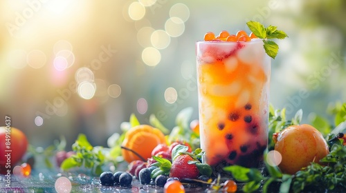 Refreshing Summer Fruit Drink with Ice and Boba Pearls photo