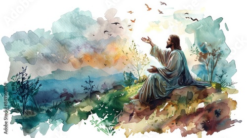 Jesus Christ watercolor Illustration. Christianity hand drawn
