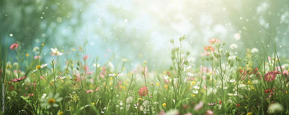 Enchanting spring background with a meadow of wildflowers, dappled sunlight, and a clear sky. Enchanting spring background with a meadow of wildflowers, dappled sunlight, and a clear sky.