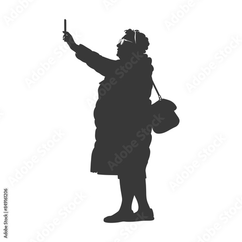 Silhouette of Senior Woman Taking Selfie with Phone and Purse.