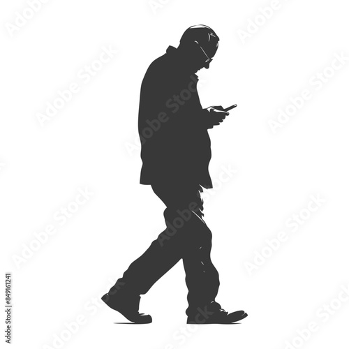 Silhouette of Walking Man in Coat Checking Phone, Isolated.