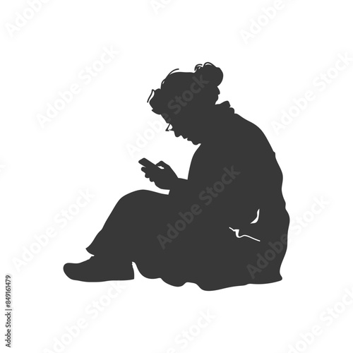 Silhouetted Senior: Seated Woman Gazing at Phone Screen, Simple Isolated Figure.