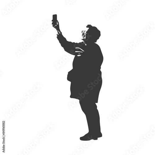 Silhouette of elderly woman taking a selfie with phone.