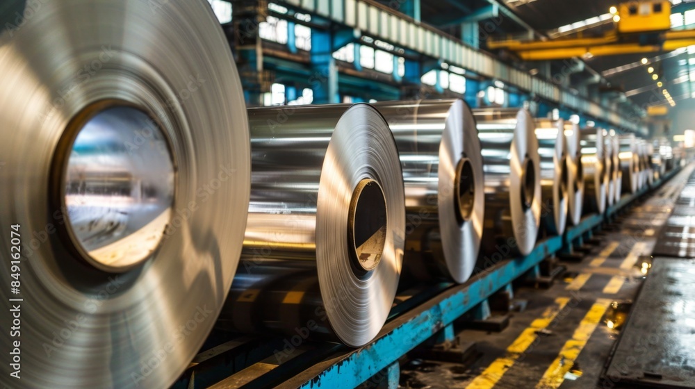 rolls of sheet aluminum produced at an aluminum plant. workshop with finished steel rolls rolls of sheet aluminum produced at an aluminum plant. workshop with finished steel rolls