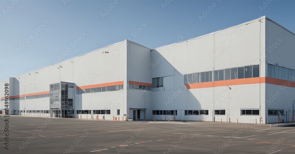 A Vast Logistics Warehouse, Painted in a Sleek White with Accents of Soft Grey and Peach. outdoor shot A Vast Logistics Warehouse, Painted in a Sleek White with Accents of Soft Grey and Peach. outdoor shot