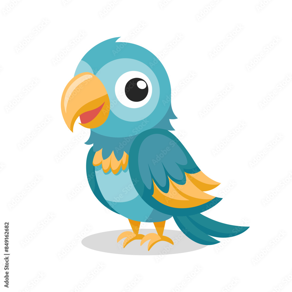 Cute baby parrot isolated on white background. Cute cartoon macaw bird. Illustration, print for children