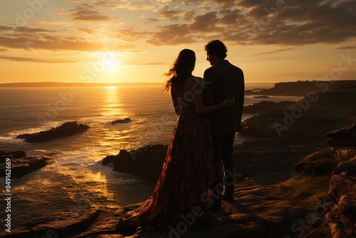 An emotional couple hugs on the edge of a cliff by the sea, with the horizon exten, generative IA