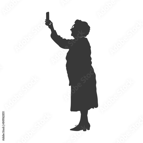 Silhouette of elderly woman taking selfie with smartphone, full body, isolated.