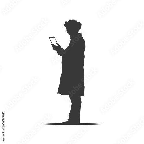 Silhouette of robed figure intently viewing tablet.
