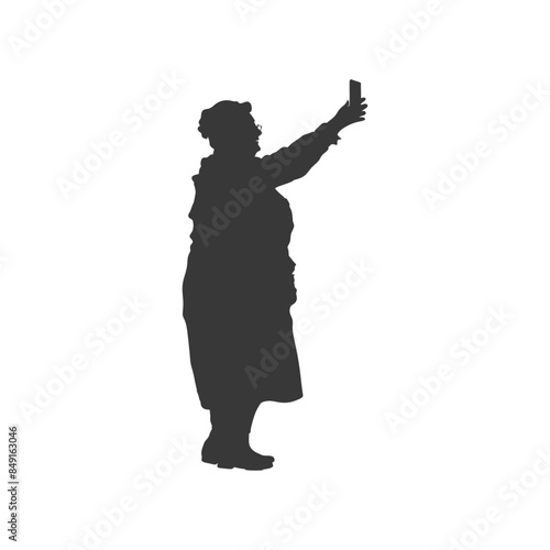 Silhouette of woman taking selfie with smartphone, isolated on white.