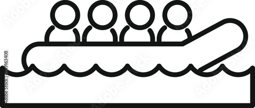 Minimalist line art icon depicting teamwork and adventure, featuring four individuals in a raft