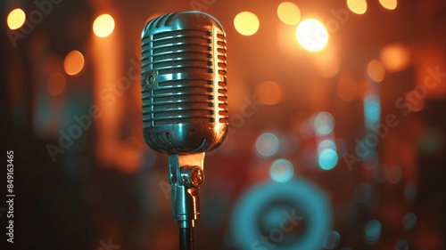 Vintage Microphone on Stage with Warm Lighting