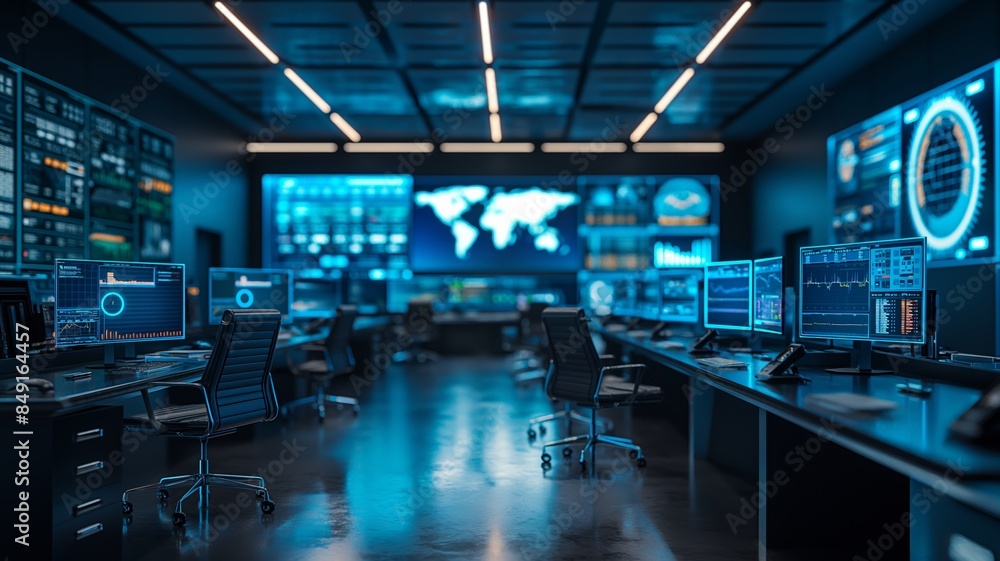 Fototapeta premium Modern Control Room with Blue Lighting