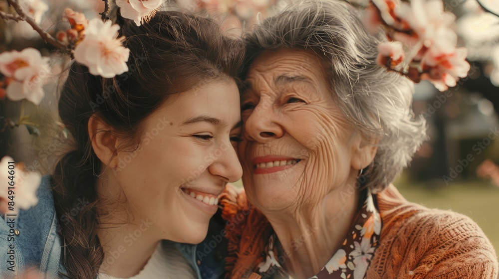 Obraz premium Happy senior woman enjoying daughter's love on Mother's Day