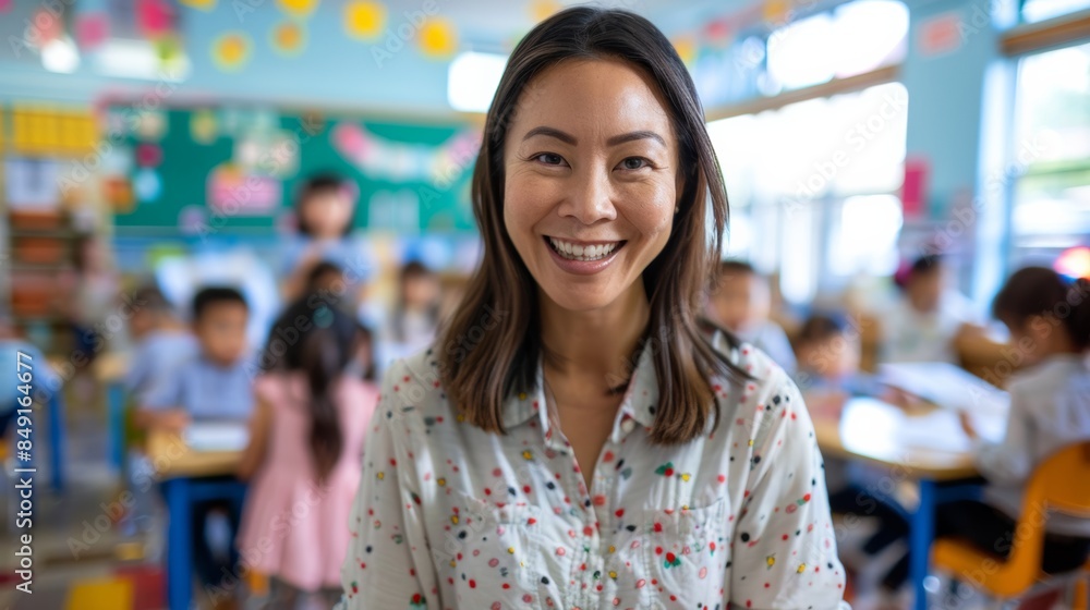 Happy teacher during class at elementary school looking at camera Her students are learning in the background. Happy teacher during class at elementary school looking at camera Her students are learning in the background.