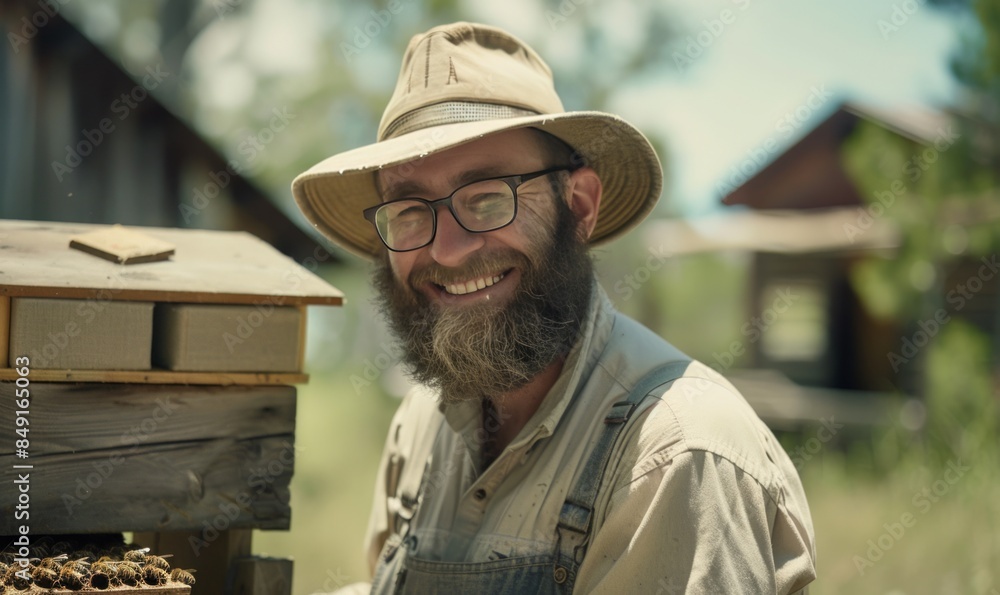 Fototapeta premium Cheerful beekeeper checking beehive