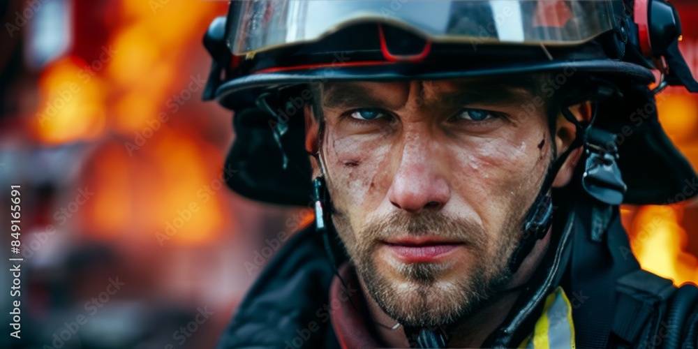 Close-up of a focused firefighter in uniform Close-up of a focused firefighter in uniform