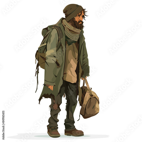 Homeless man standing alone, tattered clothes, disheveled bearded male carrying bag. Worn out boots, unshaven face, rugged look vagabond wanderer. Drifter weary expression, life poverty, struggle