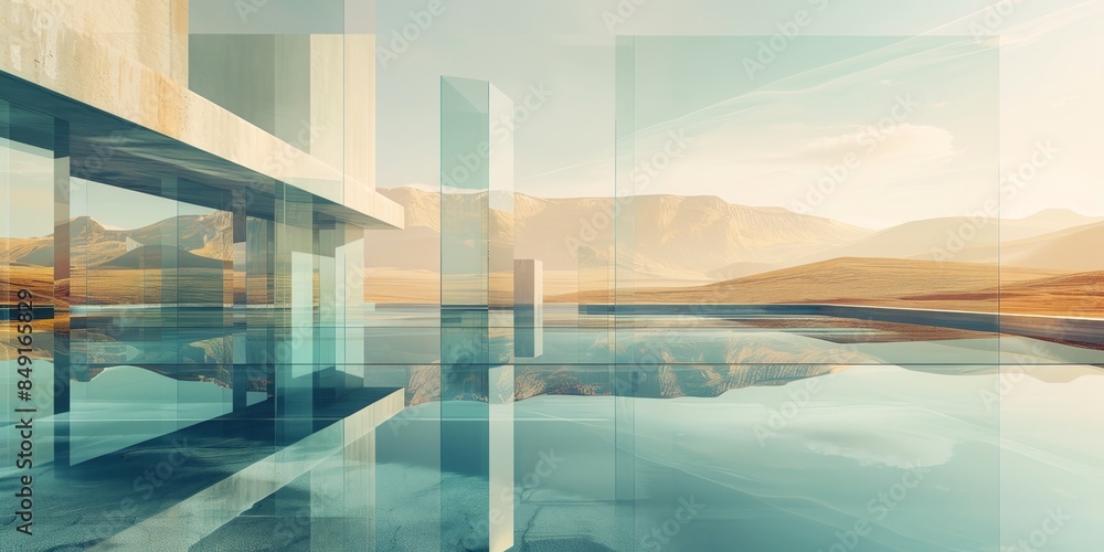 Fototapeta premium Modern architecture with glass structures blending into desert landscape, contemporary design concept. Background with copy space.