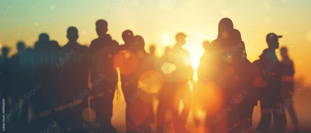 Fototapeta premium Hopeful Refugees at Border Checkpoint Families Huddled Together in Morning Light Soft Focus Immigration Scene with Space for Text