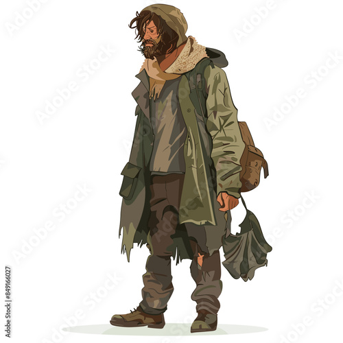 Homeless man walking, despair visible slumped posture tired gait. Weathered coat, tattered clothes suggest prolonged outdoor living. Heavy beard, layered rags hint lack resources
