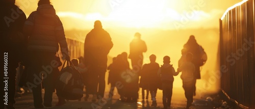 Morning Light at the Border Refugees Immigrating, Families Waiting at Checkpoint with Soft Focus, Space for Text
