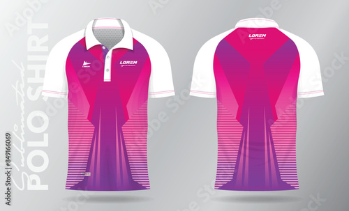 pink and purple jersey polo shirt mockup template design for badminton, tennis, soccer, football or sport uniform in front view and back view.