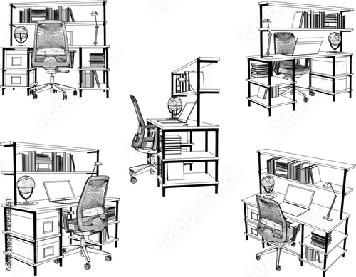 Vector illustration sketch design drawing of study and work desk with chair and laptop