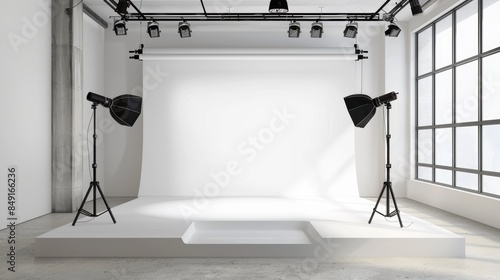 A modern photography studio with white walls and a large window. There is a white platform in the center of the studio, and a variety of lighting equipment is set up around it. photo