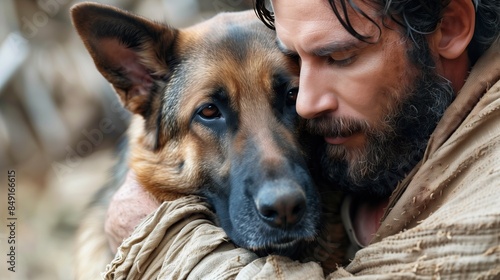 Jesus Christ gently hold a german shepherd. animal love and care concept photo