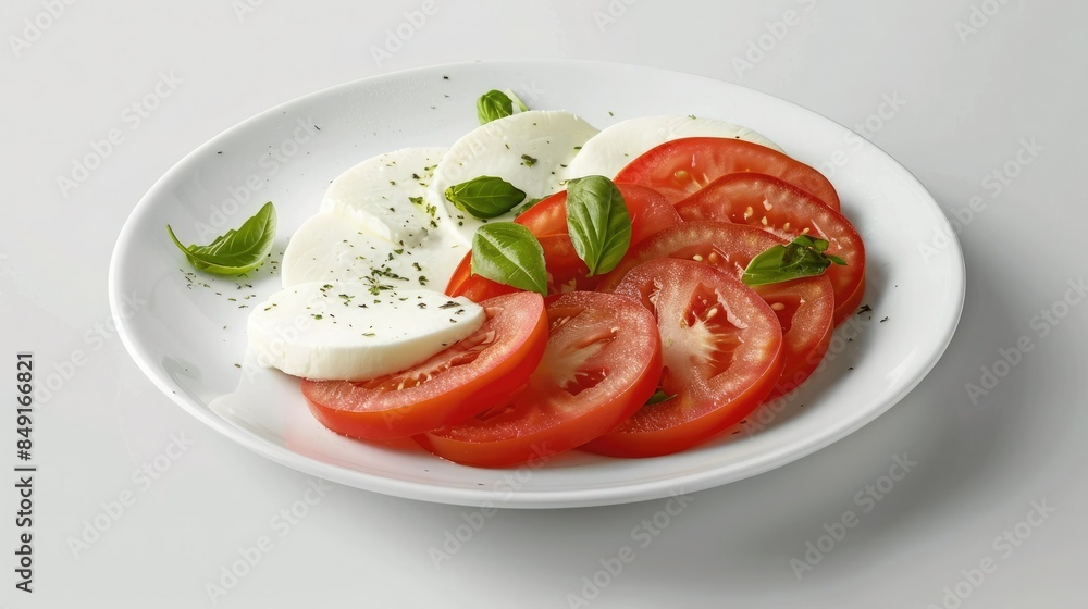 Plate with mozzarella and tomato slices on a white background with studio lighting. A delicious looking caprese salad features fresh basil leaves drizzled with olive oil on top. Plate with mozzarella and tomato slices on a white background with studio lighting. A delicious looking caprese salad features fresh basil leaves drizzled with olive oil on top.