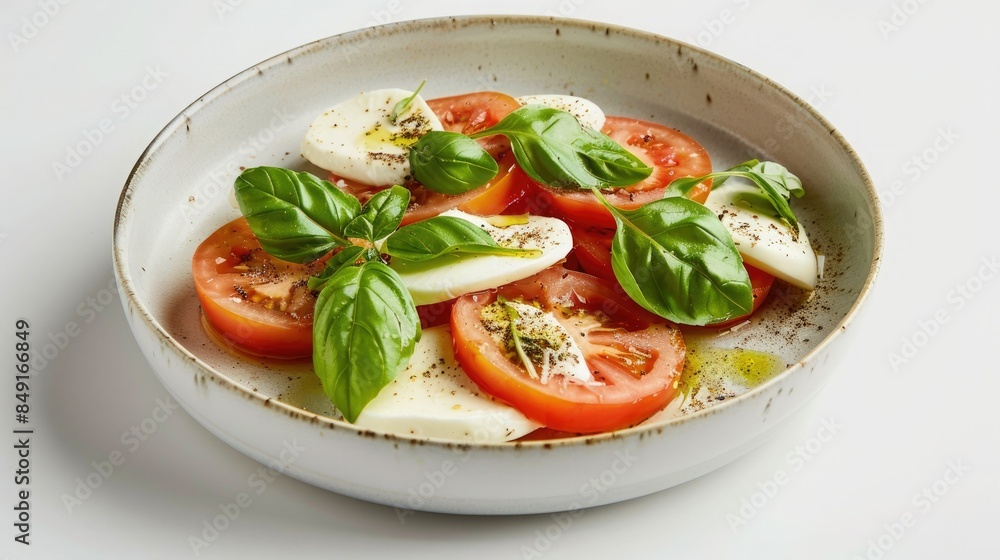 Plate with mozzarella and tomato slices on a white background with studio lighting. A delicious looking caprese salad features fresh basil leaves drizzled with olive oil on top. Plate with mozzarella and tomato slices on a white background with studio lighting. A delicious looking caprese salad features fresh basil leaves drizzled with olive oil on top.