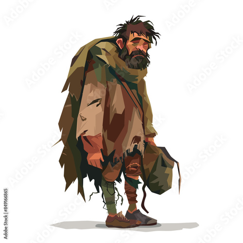 Male cartoon character looks disheveled, standing tattered clothing. Homeless man hunched over, wearing patchwork coat illustration. Vector design depicts bearded person appearing downtrodden