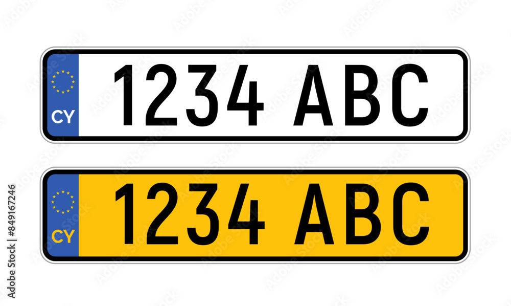 Cyprus car license plate eu design template. Vegicle registration CY number plate european union illustration. Cyprus car license plate eu design template. Vegicle registration CY number plate european union illustration.