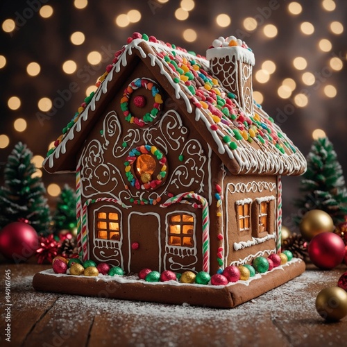 "Design a festive image of a gingerbread house decorated with chocolate candies, set on a table with holiday decorations in the background."   © Muhammad