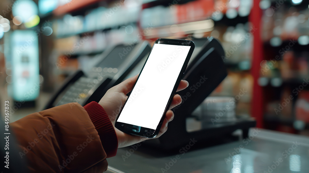 A Close-up Shot of a Smartphone Being Held By a Hand, Displaying a Mobile Payment App Screen, with a Cashier Counter in the Background at a Modern Shopping Center, Transparent Phone Screen A Close-up Shot of a Smartphone Being Held By a Hand, Displaying a Mobile Payment App Screen, with a Cashier Counter in the Background at a Modern Shopping Center, Transparent Phone Screen
