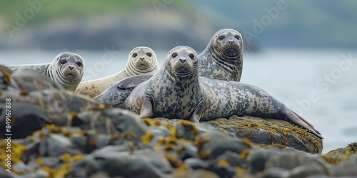 Four seals lounging on rocky shore with sea and hills in the background, conveying a sense of community © Armin
