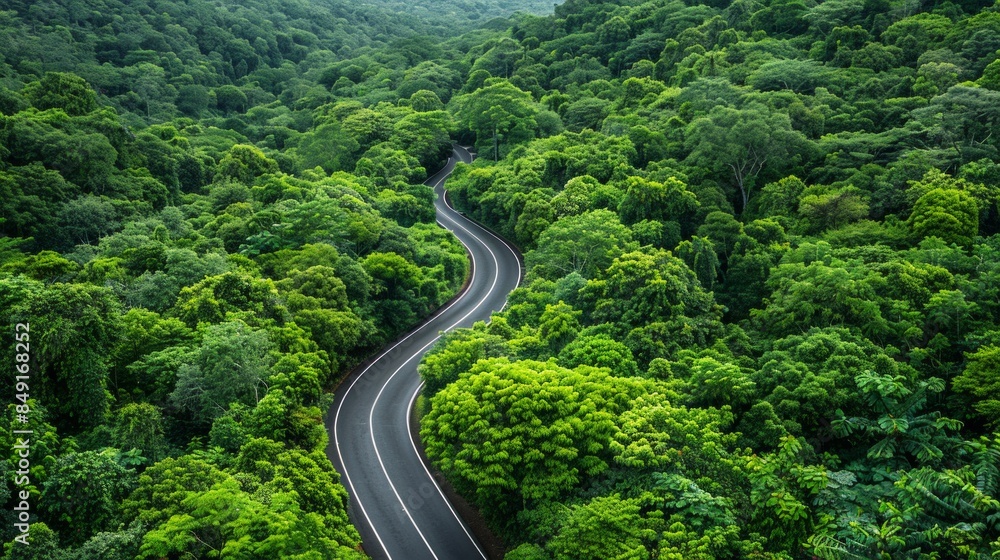 Panoramic aerial view of a forest road, surrounded by dense greenery and tall trees, offering a tranquil and scenic journey through nature, AI Generative. Panoramic aerial view of a forest road, surrounded by dense greenery and tall trees, offering a tranquil and scenic journey through nature, AI Generative.