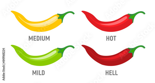 Hot pepper spicy heat level icon. Chili pepper symbol vector scale spice fire logo label
