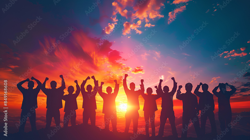 Team of construction workers celebrating at sunset with vibrant sky
Team of construction workers celebrating at sunset with vibrant sky