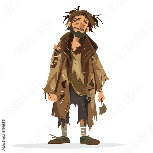 Homeless man illustration looking sad, disheveled cartoon character. Male beggar needy, wearing tattered clothes, holding cup. Cartoon homelessness representation, downtrodden male individual