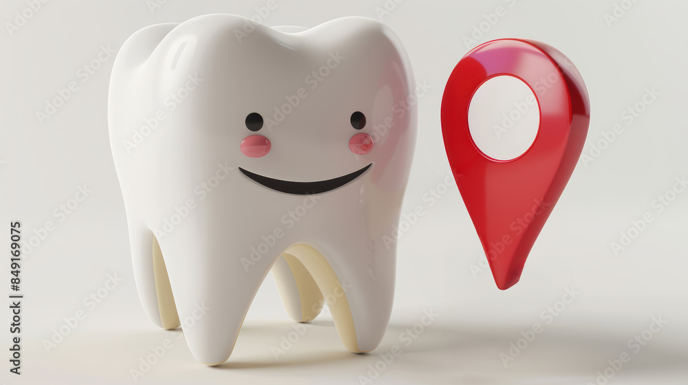 A 3D illustration of a smiling tooth character holding a red map pin. The tooth is wearing a glove. The image is set on a white background. A 3D illustration of a smiling tooth character holding a red map pin. The tooth is wearing a glove. The image is set on a white background.
