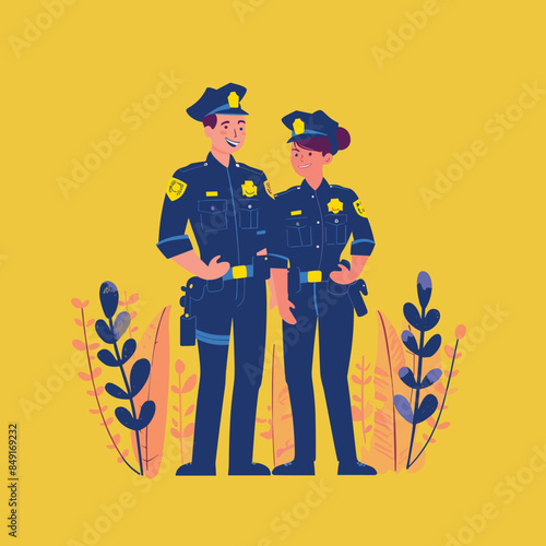 Two smiling police officers standing together, male female, blue uniforms against yellow background. Both wearing badges, duty belts, amidst illustrated foliage. Professional law enforcement