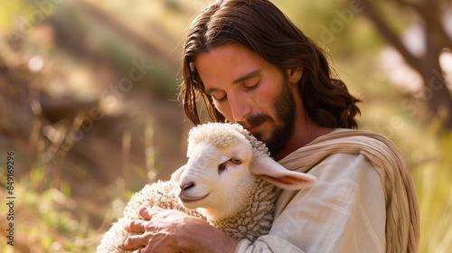 Jesus Christ gently hold a lamb. Religion and Christianity concept photo