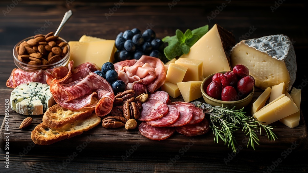 A Delicious Charcuterie Board with Assorted Cheeses, Meats, and Fruits