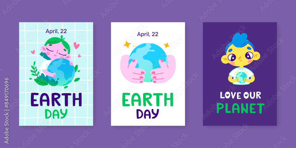Earth day banner set with kids hugging planet. Cartoon poster collection with world globe in childrens hands. Earth day banner set with kids hugging planet. Cartoon poster collection with world globe in childrens hands.