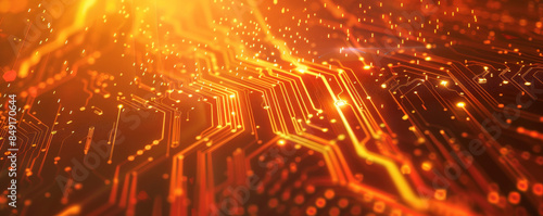 Futuristic neon orange background with circuit board patterns and glowing elements: Bright and electric, adding a high-tech and dynamic feel