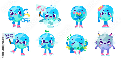 Old cartoon earth planet set. Vector ecological mascot. Bundle of earth planet with cute face for kids.
