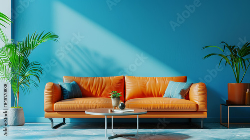 orange leather sofa and blue wall background, coffee table, potted plant in the living room interior design. home decor mock up concept