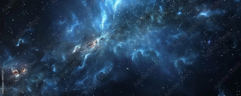 Intense space background with dark blue and black hues, dense star clusters, and glowing nebulae. Intense space background with dark blue and black hues, dense star clusters, and glowing nebulae.